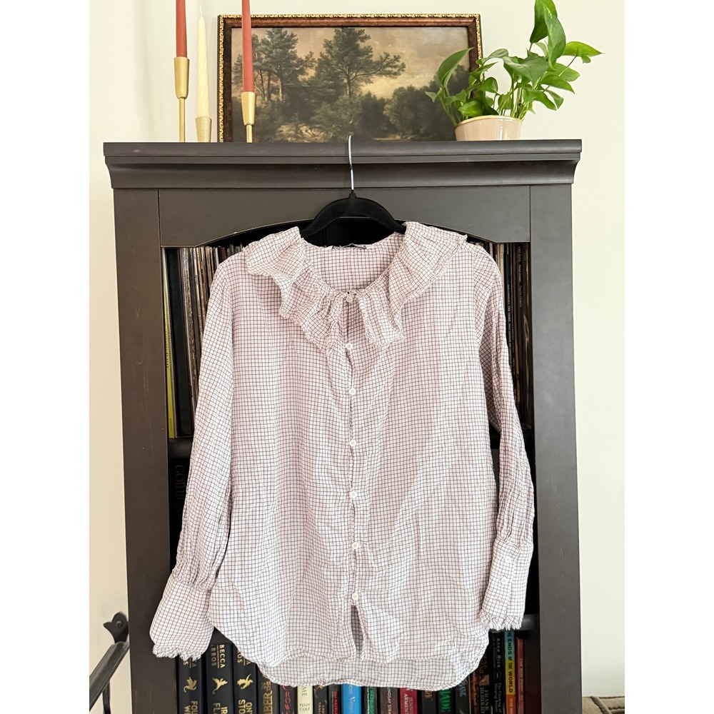 Coquette Cottagecore Zara Ruffle Collar Plaid Button Down Blouse S Frayed Hem
